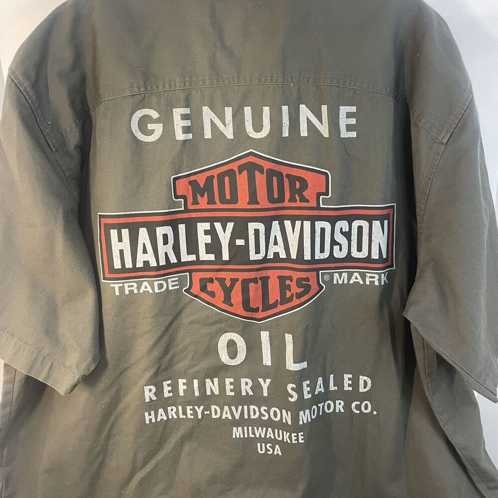 Harley Davidson Shirt Mens 3XL Drab Green Oil Refinery Mechanic Collar Biker - Picture 5 of 7